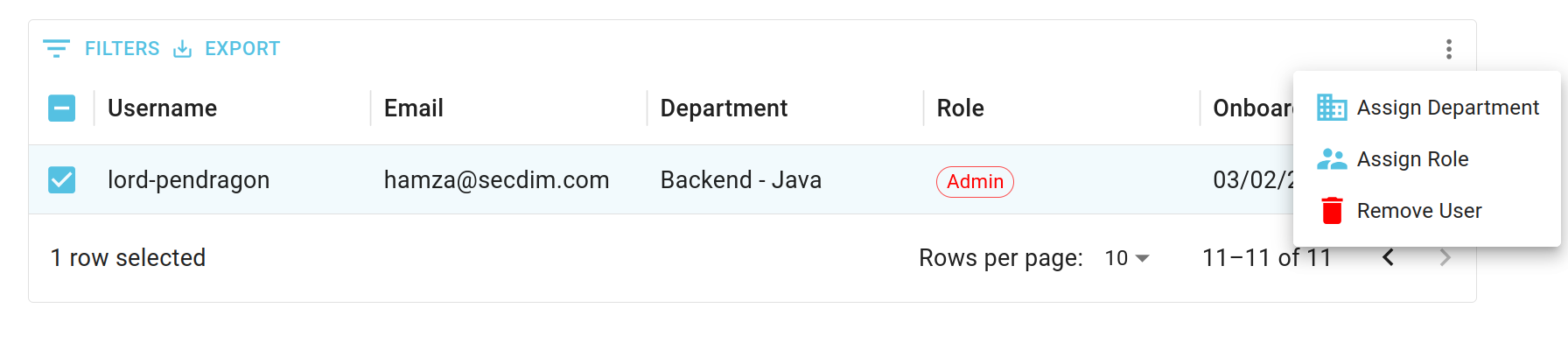 company dashboard user actions